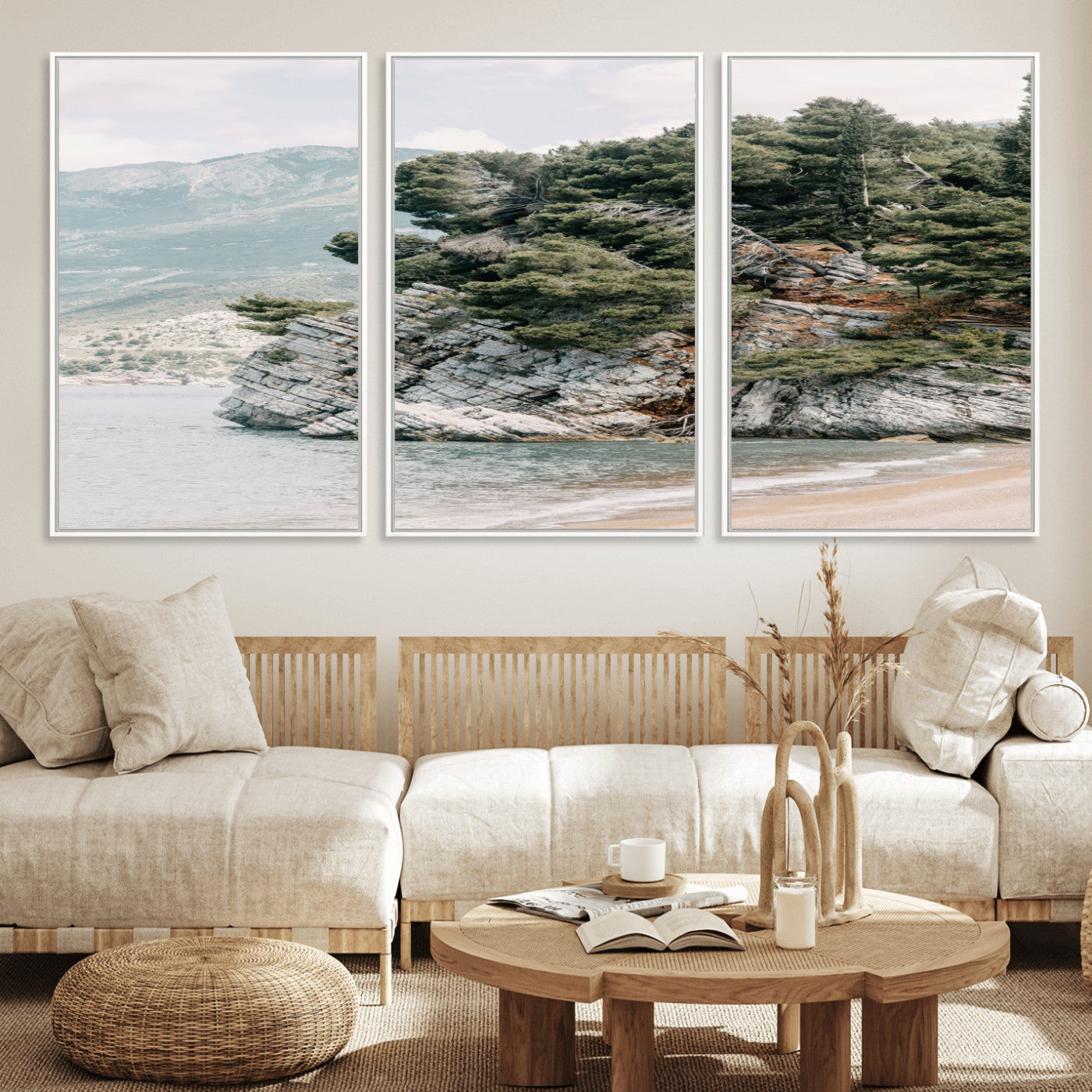 MGV-FC-60X30-3P - Coastal Rock Canvas Wall Art Print, Scenic Beach Landscape, Pine Trees on Rocky Cliff, Large Nature