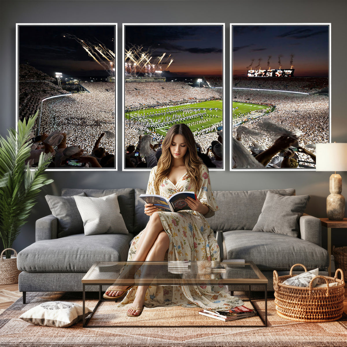11221988-MGV-CV-36X24 - Epic Night Football Stadium Wall Art Canvas Print, Fireworks and Crowd
