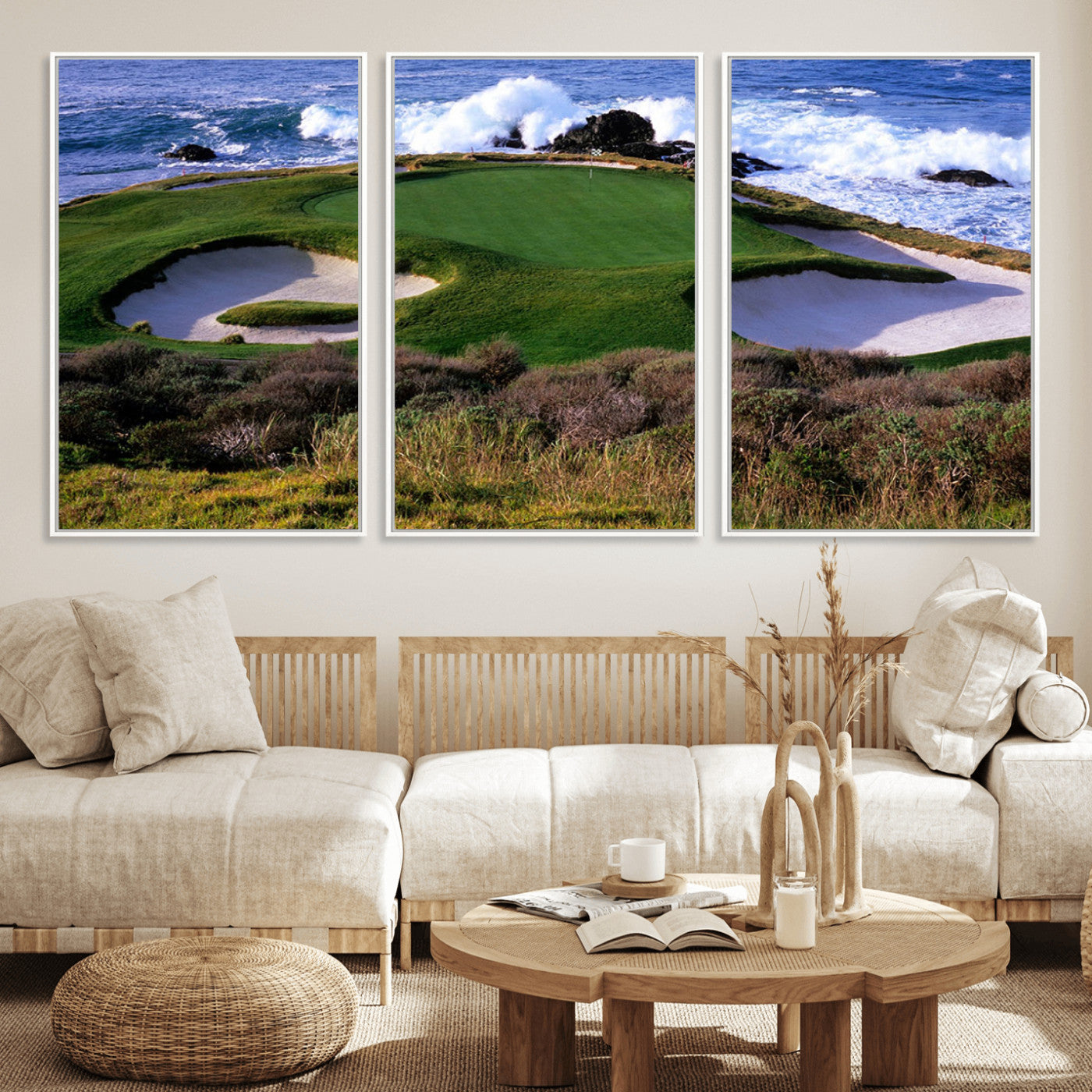 22776914-MGV-FC-60X30-3P_White-Ocean Cliff Golf Green Canvas Print – Framed Majestic Coastal Scene with Lush Green Artwork for Home, Office