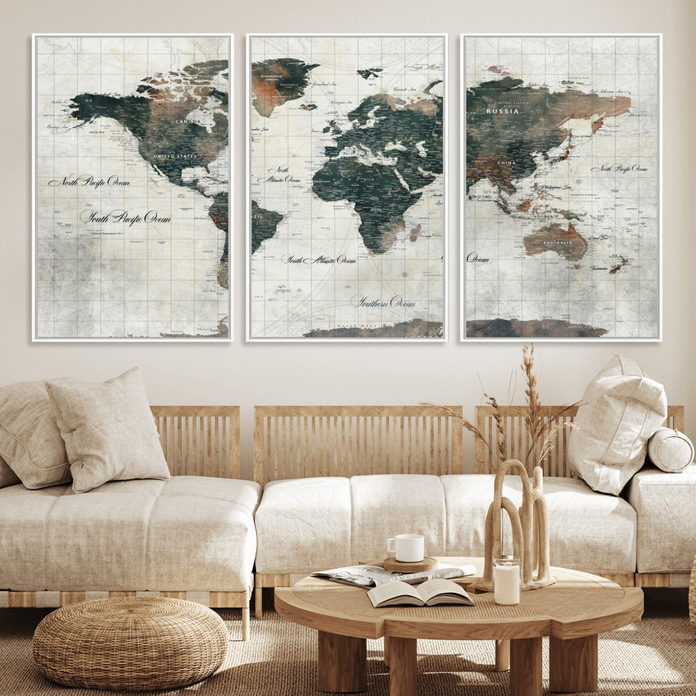 90149079-MGV-FC-60X30-3P - World Map Wall Art Canvas Print, Modern Decorative Framed Map Artwork Prints for Living Room, Office, Bedroom Wall Decor