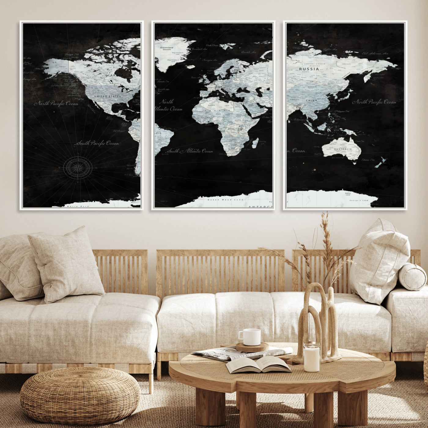 30759283-MGV-FC-60X30-3P - World Map Wall Art Canvas Print, Modern Decorative Framed Map Artwork Prints for Living Room, Office, Bedroom Wall Decor