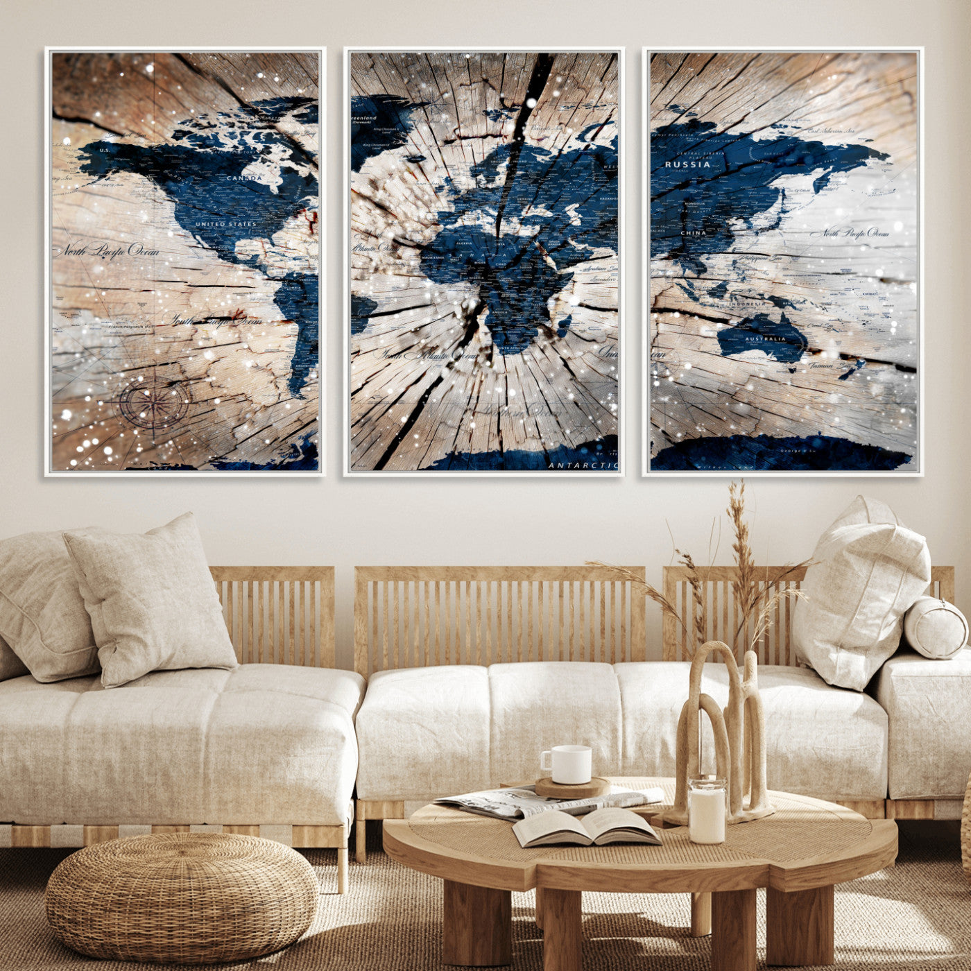 99001695-MGV-FC-60X30-3P - World Map Wall Art Canvas Print, Modern Decorative Framed Map Artwork Prints for Living Room, Office, Bedroom Wall Decor