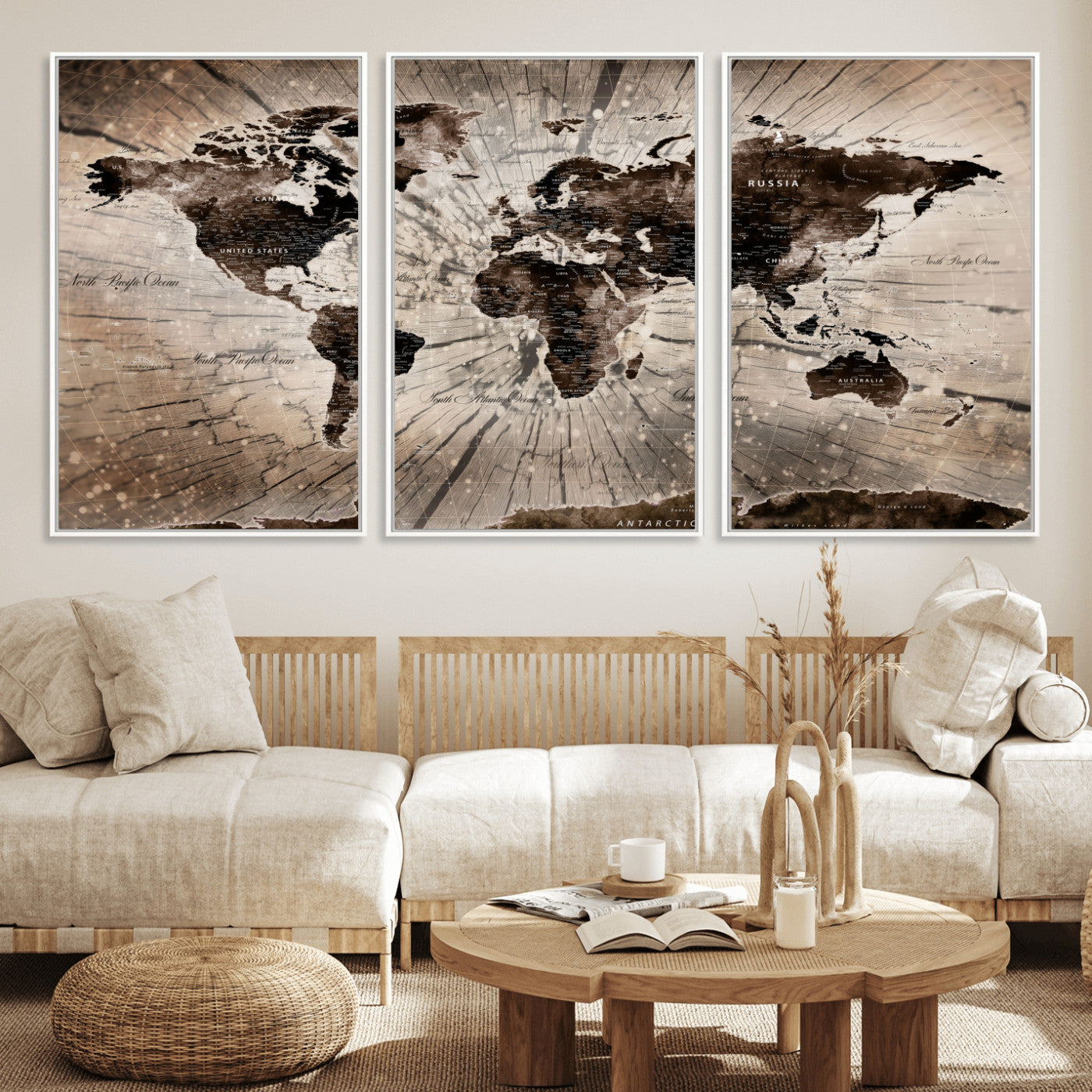 35326624-MGV-FC-60X30-3P - World Map Wall Art Canvas Print, Modern Decorative Framed Map Artwork Prints for Living Room, Office, Bedroom Wall Decor