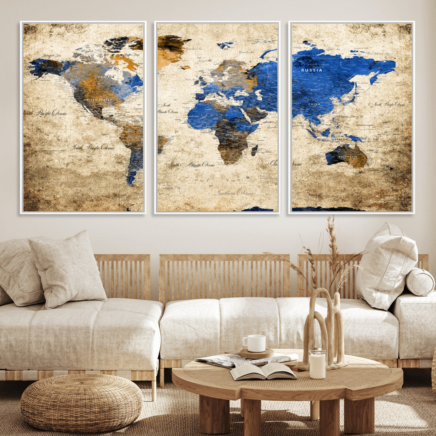 13564339-MGV-FC-60X30-3P - World Map Wall Art Canvas Print, Modern Decorative Framed Map Artwork Prints for Living Room, Office, Bedroom Wall Decor