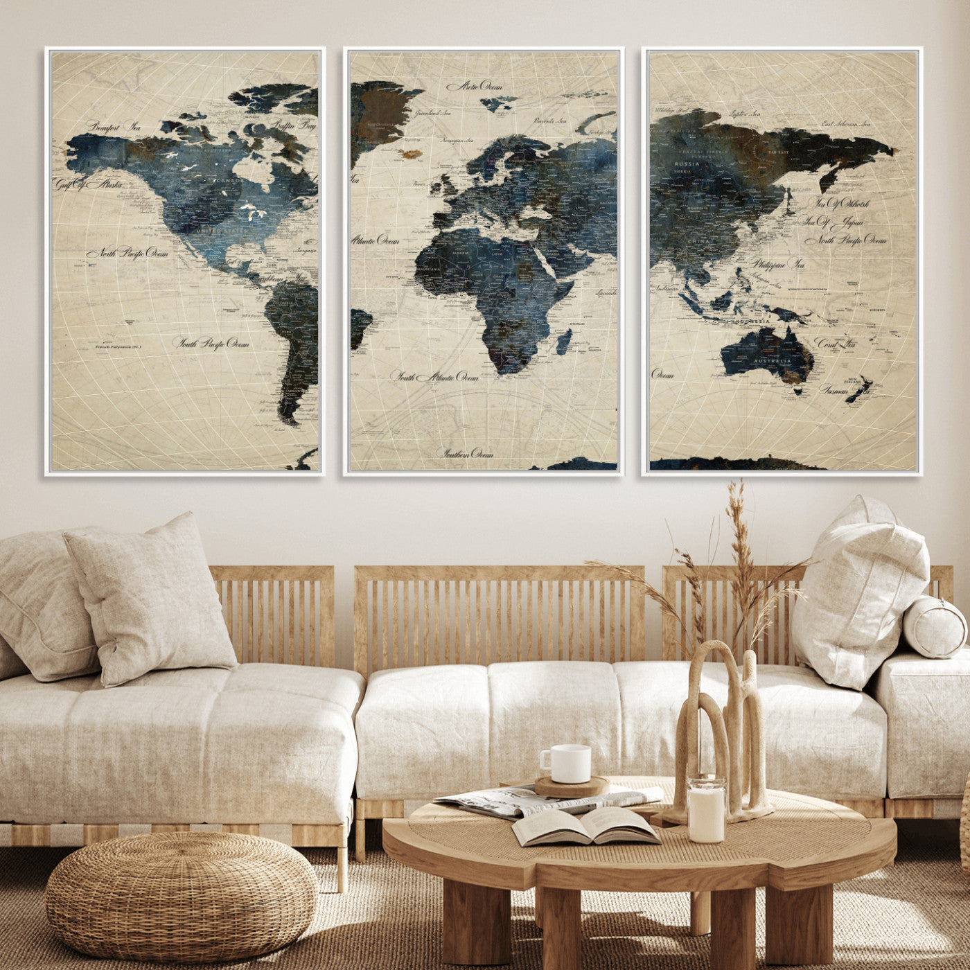 33438443-MGV-FC-60X30-3P - World Map Wall Art Canvas Print, Modern Decorative Framed Map Artwork Prints for Living Room, Office, Bedroom Wall Decor