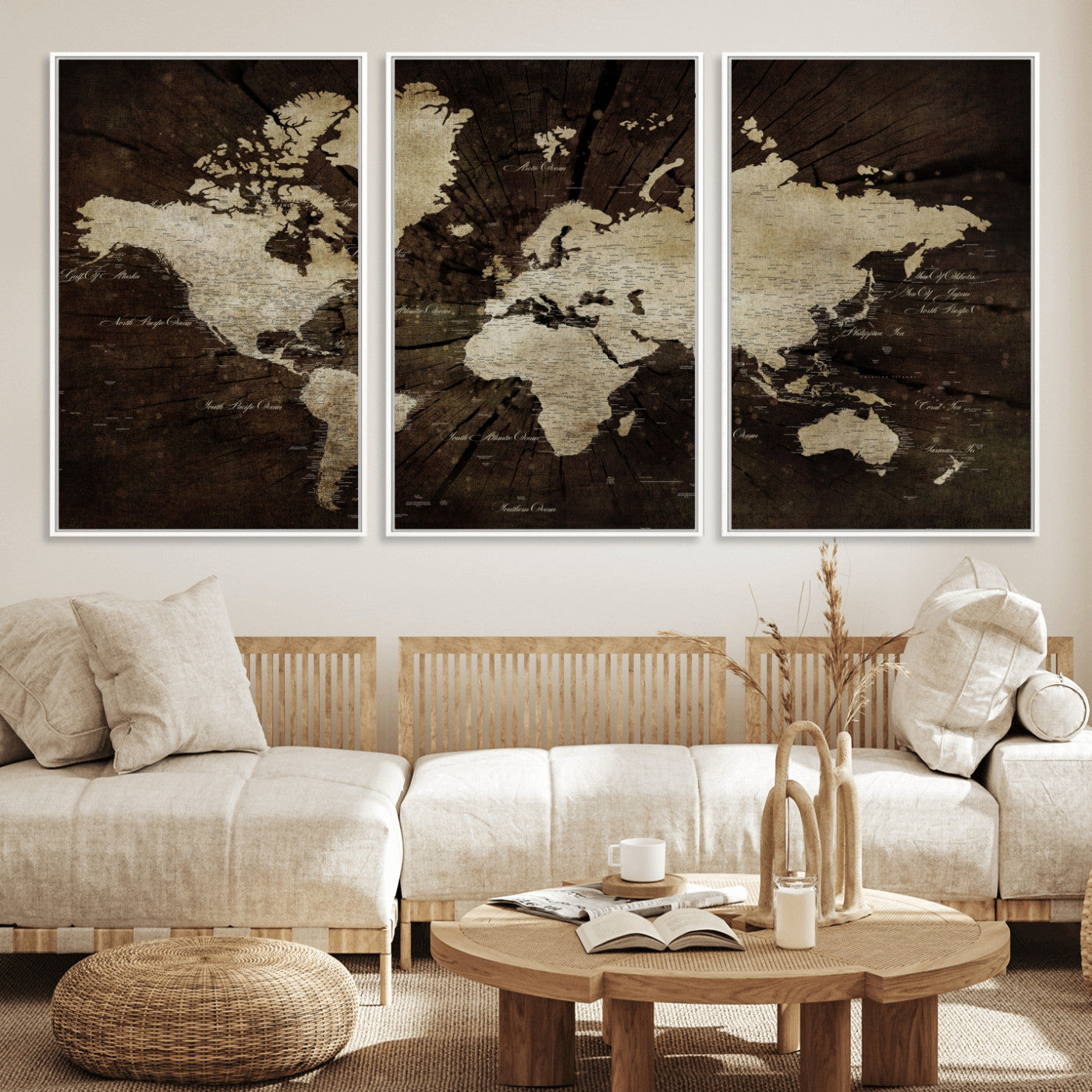 24010397-MGV-FC-60X30-3P - World Map Wall Art Canvas Print, Modern Decorative Framed Map Artwork Prints for Living Room, Office, Bedroom Wall Decor