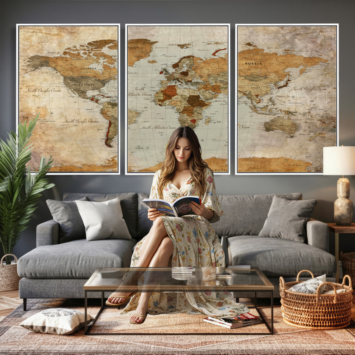 74176056-MGV-CV-36X24 - World Map Wall Art Canvas Print, Modern Decorative Framed Map Artwork Prints for Living Room, Office, Bedroom Wall Decor