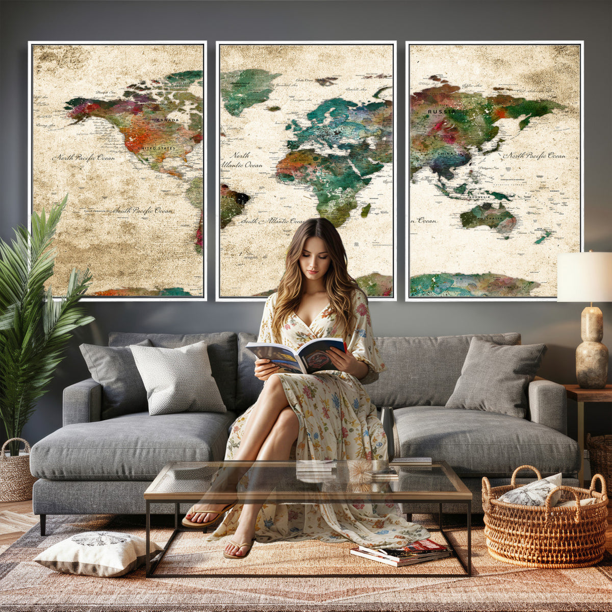 87544591-MGV-CV-36X24 - World Map Wall Art Canvas Print, Modern Decorative Framed Map Artwork Prints for Living Room, Office, Bedroom Wall Decor