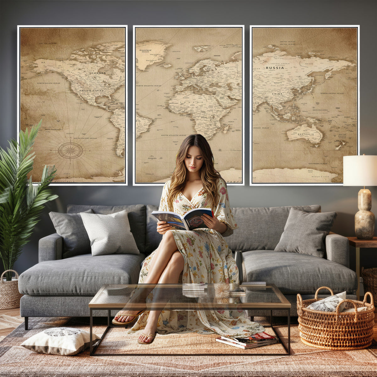 34795134-MGV-CV-36X24 - World Map Wall Art Canvas Print, Modern Decorative Framed Map Artwork Prints for Living Room, Office, Bedroom Wall Decor