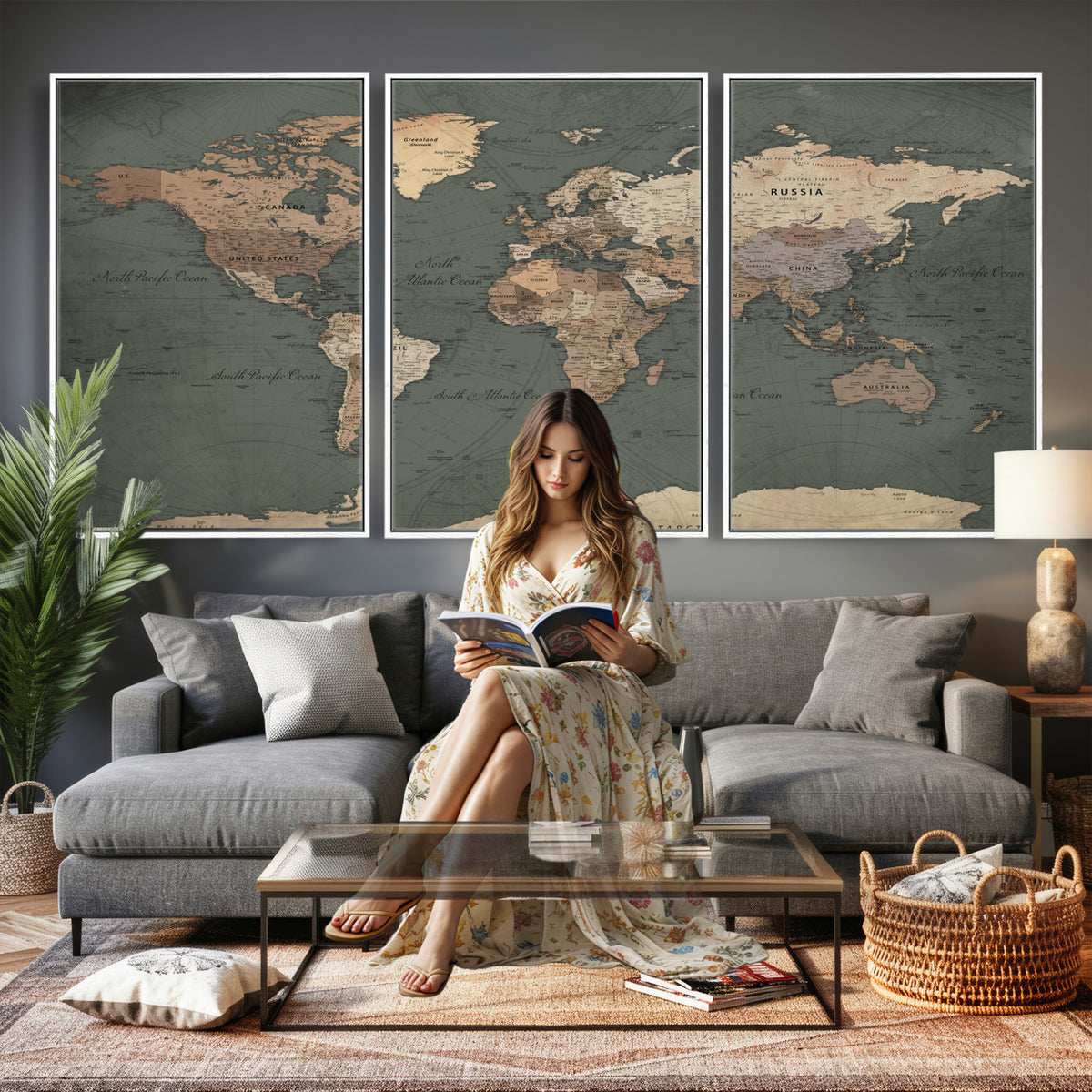 84619399-MGV-CV-36X24 - World Map Wall Art Canvas Print, Modern Decorative Framed Map Artwork Prints for Living Room, Office, Bedroom Wall Decor