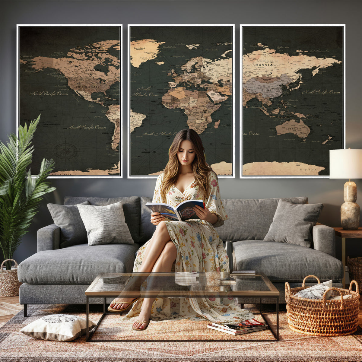 62059333-MGV-CV-36X24 - World Map Wall Art Canvas Print, Modern Decorative Framed Map Artwork Prints for Living Room, Office, Bedroom Wall Decor