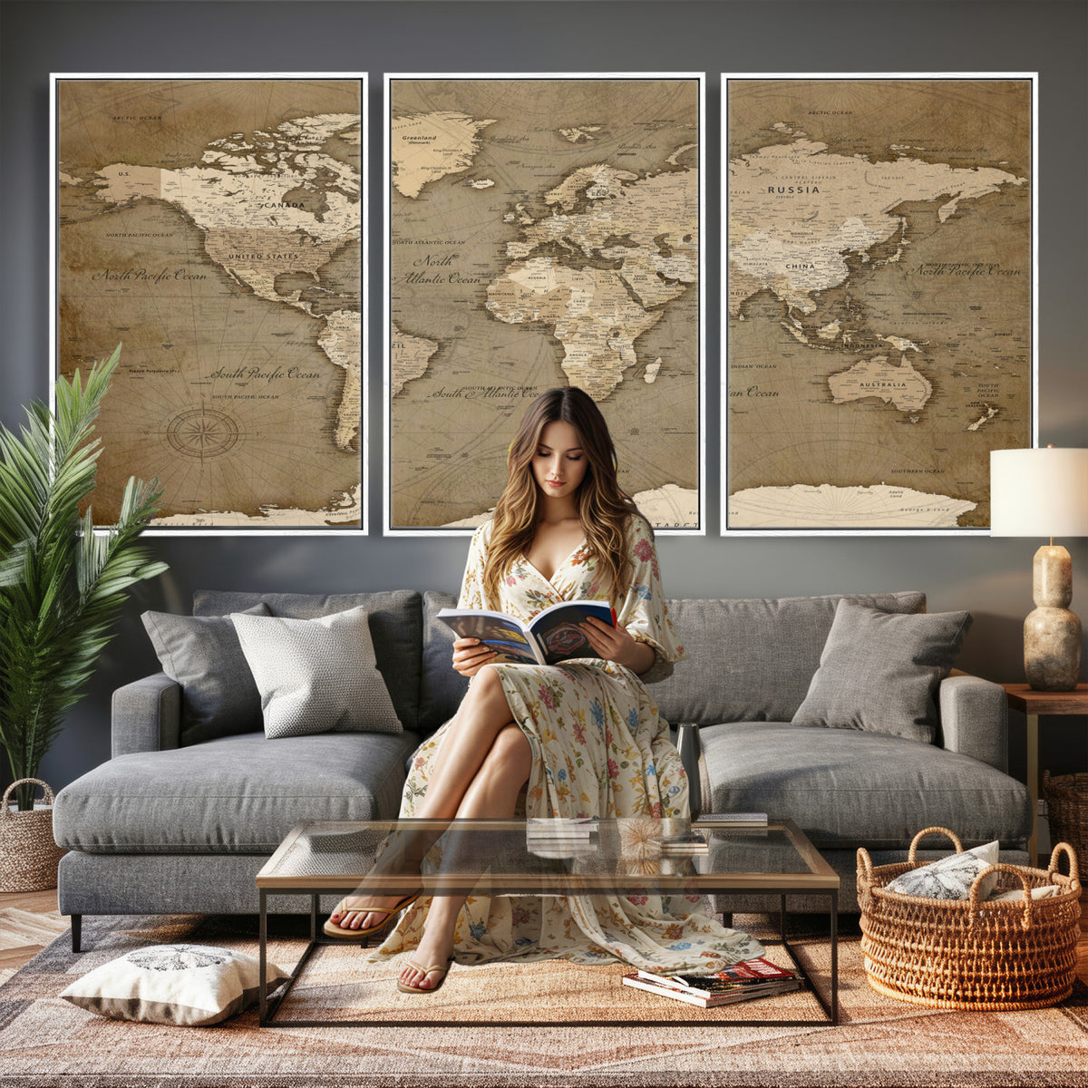 82314635-MGV-CV-36X24 - World Map Wall Art Canvas Print, Modern Decorative Framed Map Artwork Prints for Living Room, Office, Bedroom Wall Decor