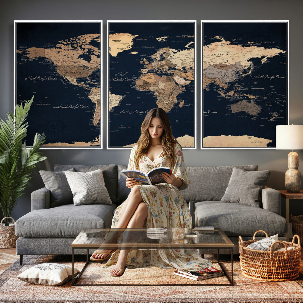 53971530-MGV-CV-36X24 - World Map Wall Art Canvas Print, Modern Decorative Framed Map Artwork Prints for Living Room, Office, Bedroom Wall Decor