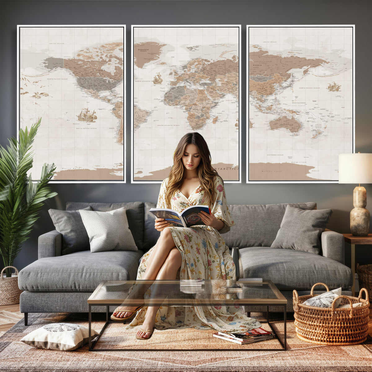 85057279-MGV-CV-36X24 - Framed Large World Map Canvas Print for Office Decor