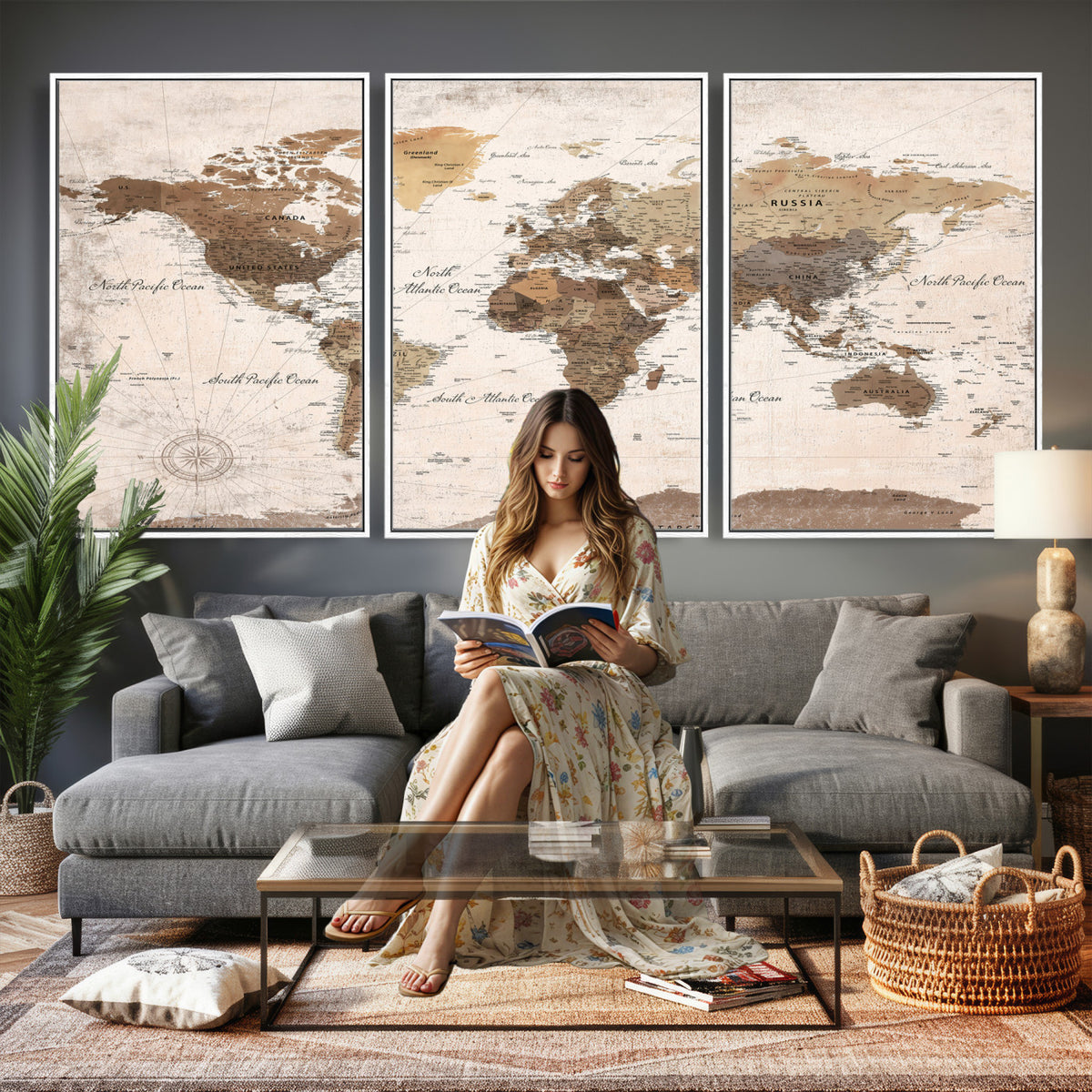 38923639-MGV-CV-36X24 - World Map Wall Art Canvas Print, Modern Decorative Framed Map Artwork Prints for Living Room, Office, Bedroom Wall Decor