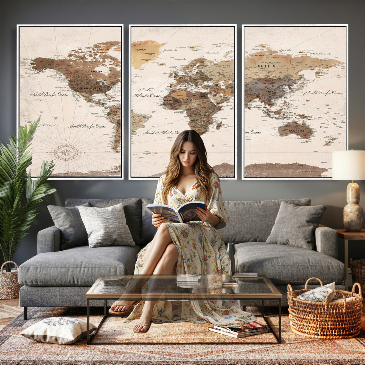 69860078-MGV-CV-36X24 - World Map Wall Art Canvas Print, Modern Decorative Framed Map Artwork Prints for Living Room, Office, Bedroom Wall Decor