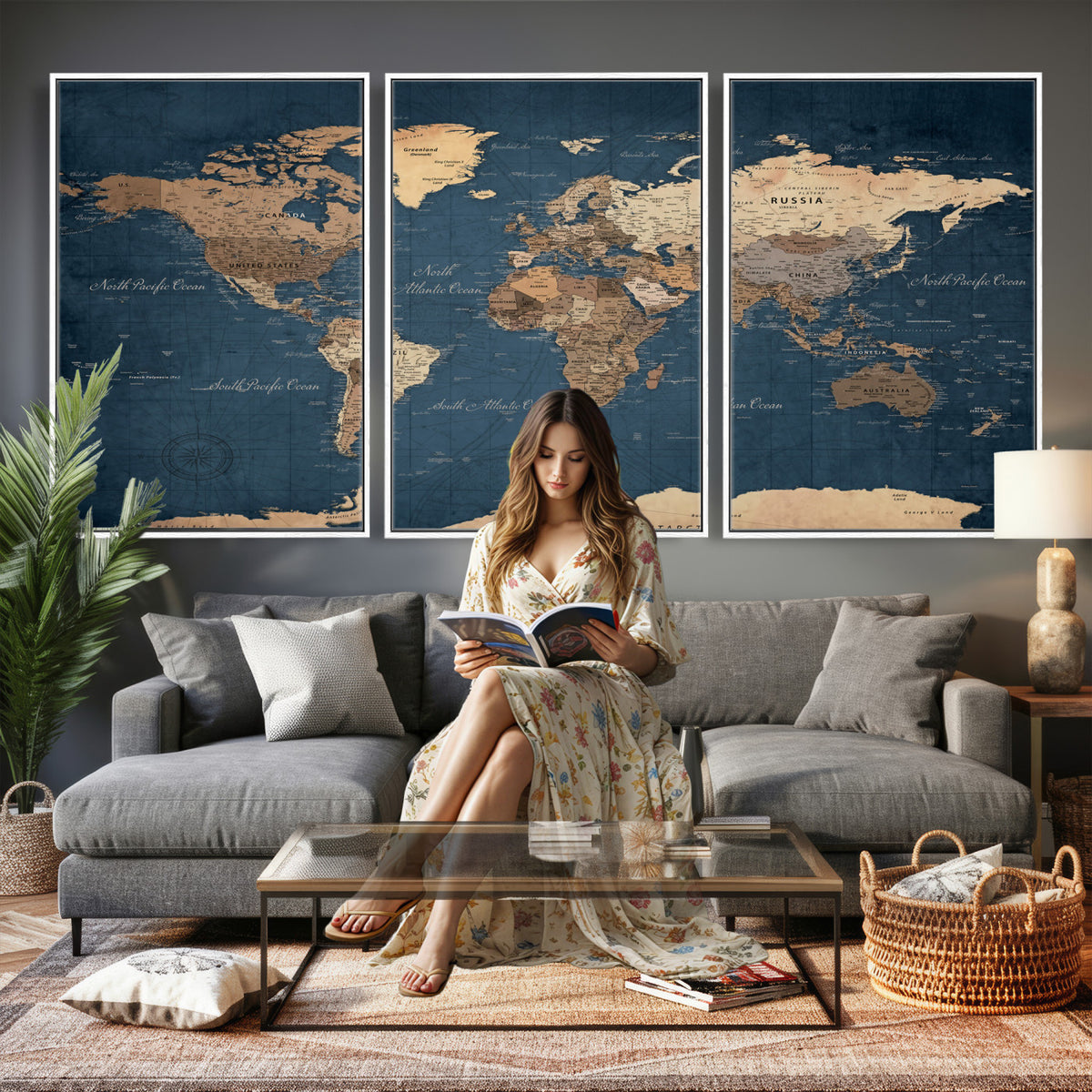69886352-MGV-CV-36X24 - World Map Wall Art Canvas Print, Modern Decorative Framed Map Artwork Prints for Living Room, Office, Bedroom Wall Decor