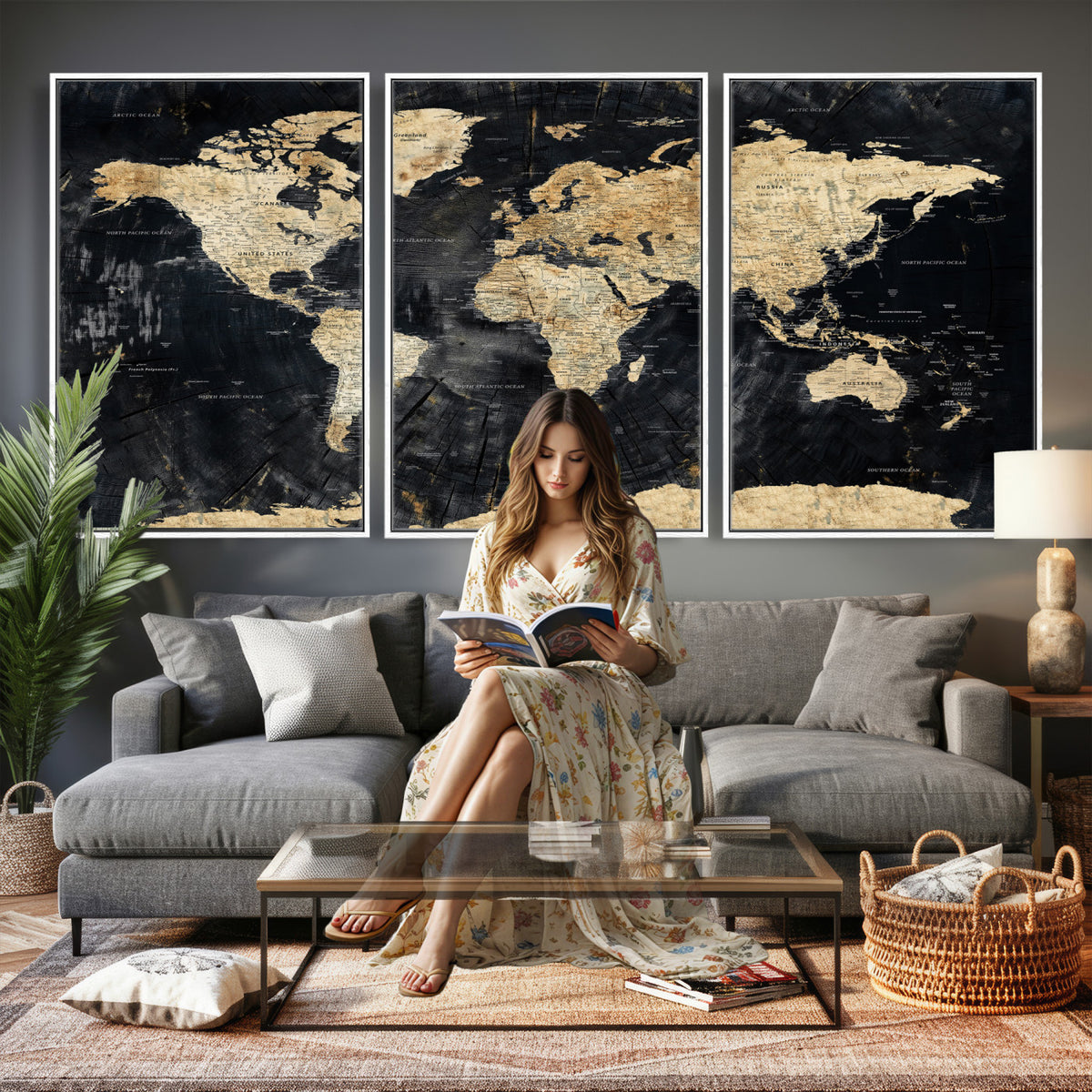 45535041-MGV-CV-36X24 - Framed Large World Map Wall Art Canvas Print for Living Room