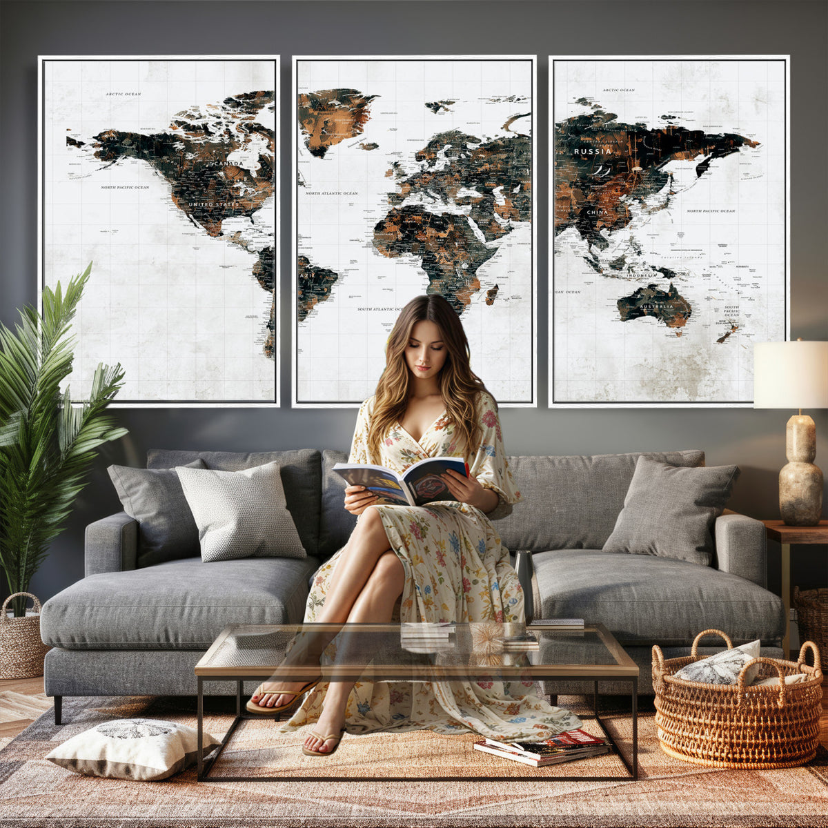 60008766-MGV-CV-36X24 - Large World Map Canvas Print – Framed Travel Map Wall Art
