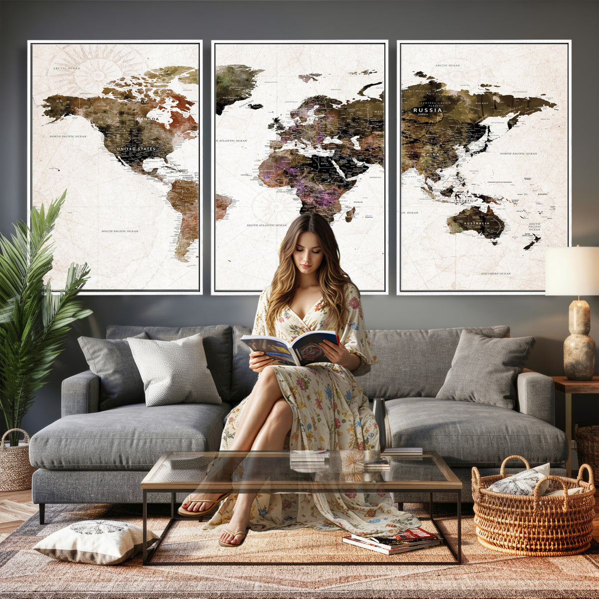 77651968-MGV-CV-36X24 - Watercolor World Map Print - Large Wall Art Canvas Print for
