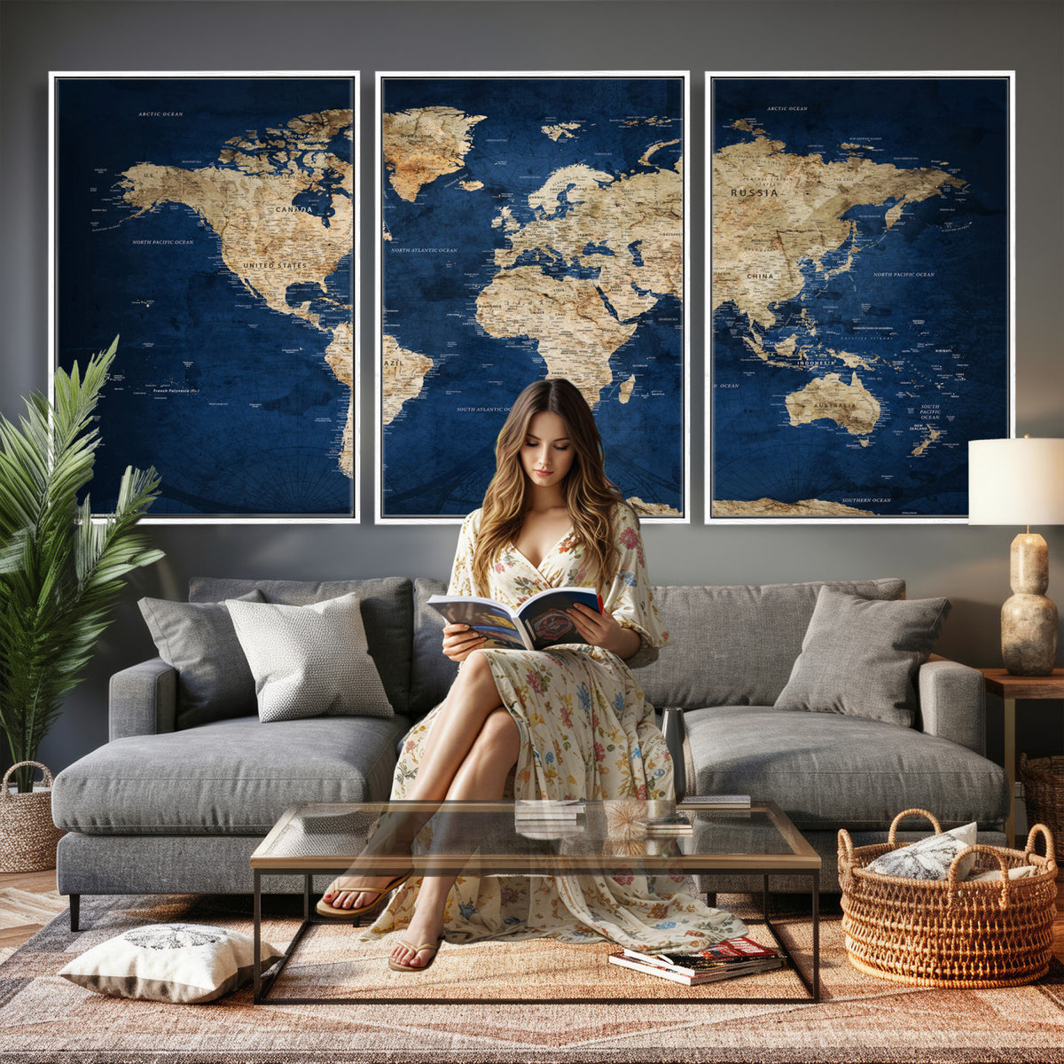57503519-MGV-CV-36X24 - World Map Canvas Print – Framed Travel Map Wall Art for