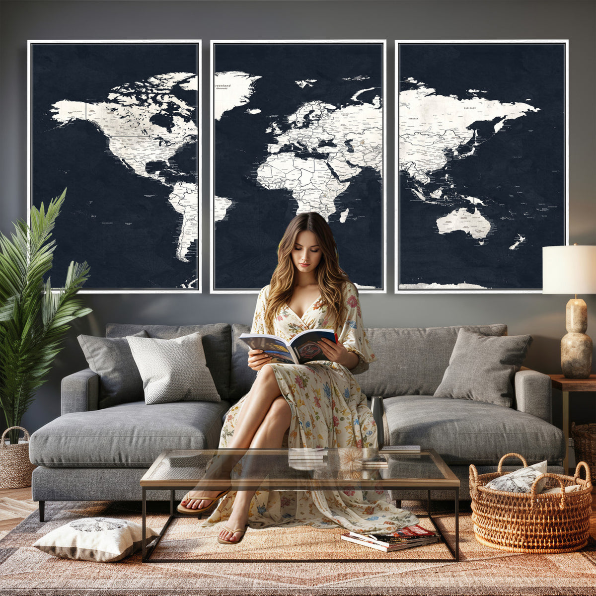 11963807-MGV-CV-36X24 - Black World Map Wall Art Canvas Print for Home Office and Meeting Room Decor