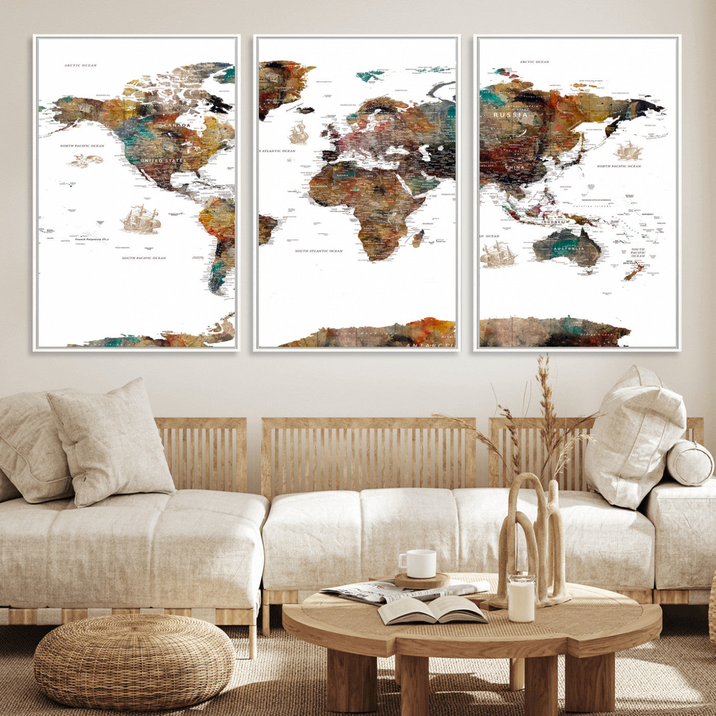 82293175-MGV-CV-36X24 - World Map Wall Art Canvas Print, Modern Decorative Framed Map Artwork Prints for Living Room, Office, Bedroom Wall Decor