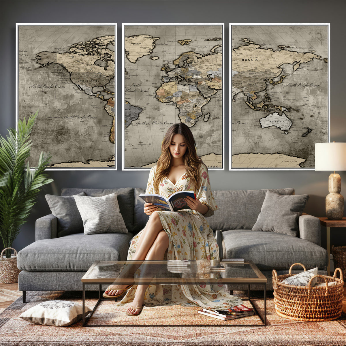 85218700-MGV-CV-36X24 - World Map Canvas Print, Detailed Map of the World Wall Art