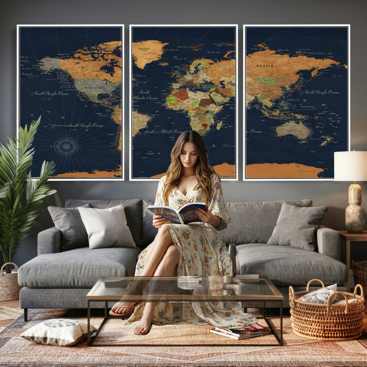 11715182-MGV-CV-36X24 - Modern World Map Canvas Print, Framed Detailed Map of the World Wall Art