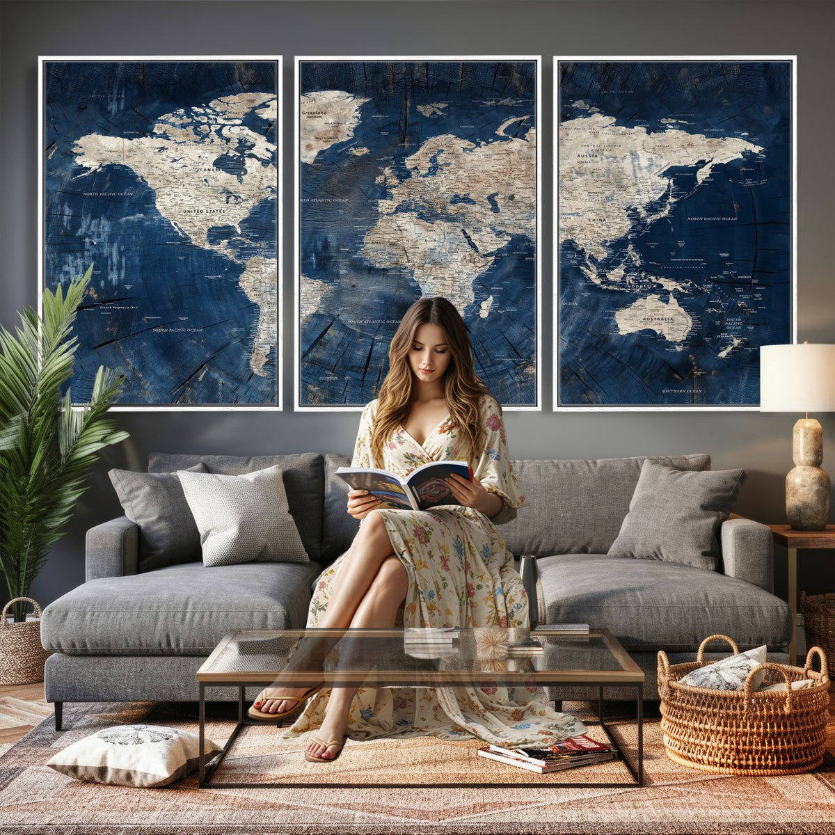 56126010-MGV-CV-36X24 - Large Blue World Map Wall Art Canvas Print for Home Office
