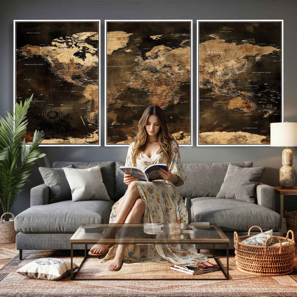 97742922-MGV-CV-36X24 - World Map Canvas Print, Modern Decorative Framed Map Artwork