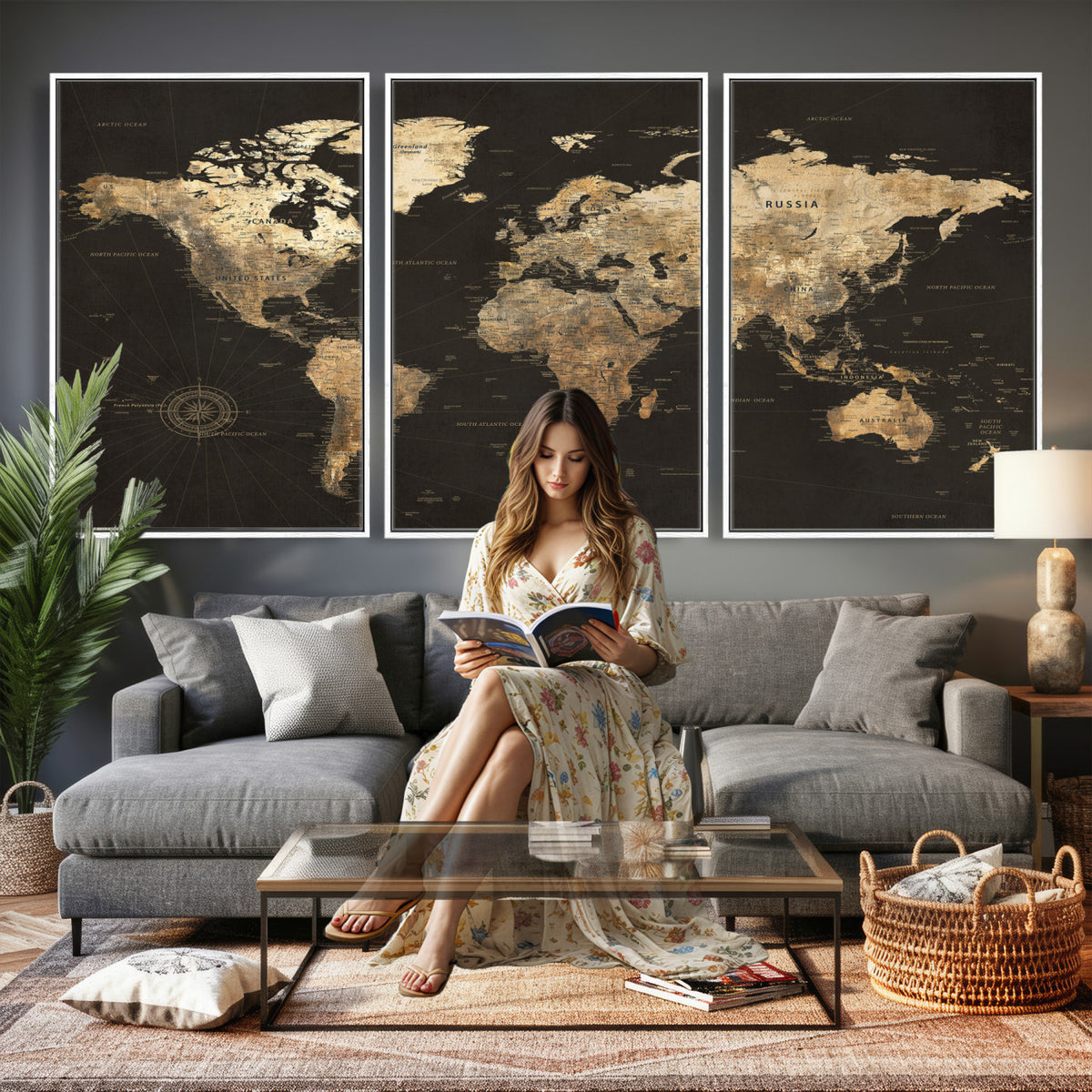 70985630-MGV-CV-36X24 - Framed World Map with Pin Canvas Print – Detailed World Map