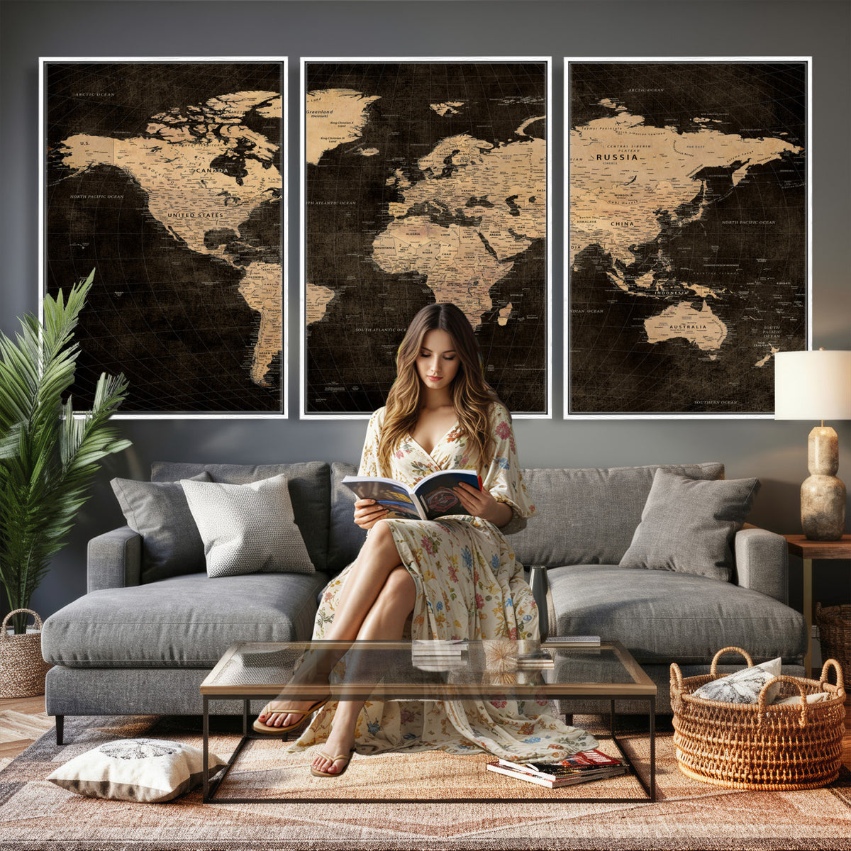 15118265-MGV-CV-36X24 - Brown World Map Canvas Print | Modern Travel Map Wall Art