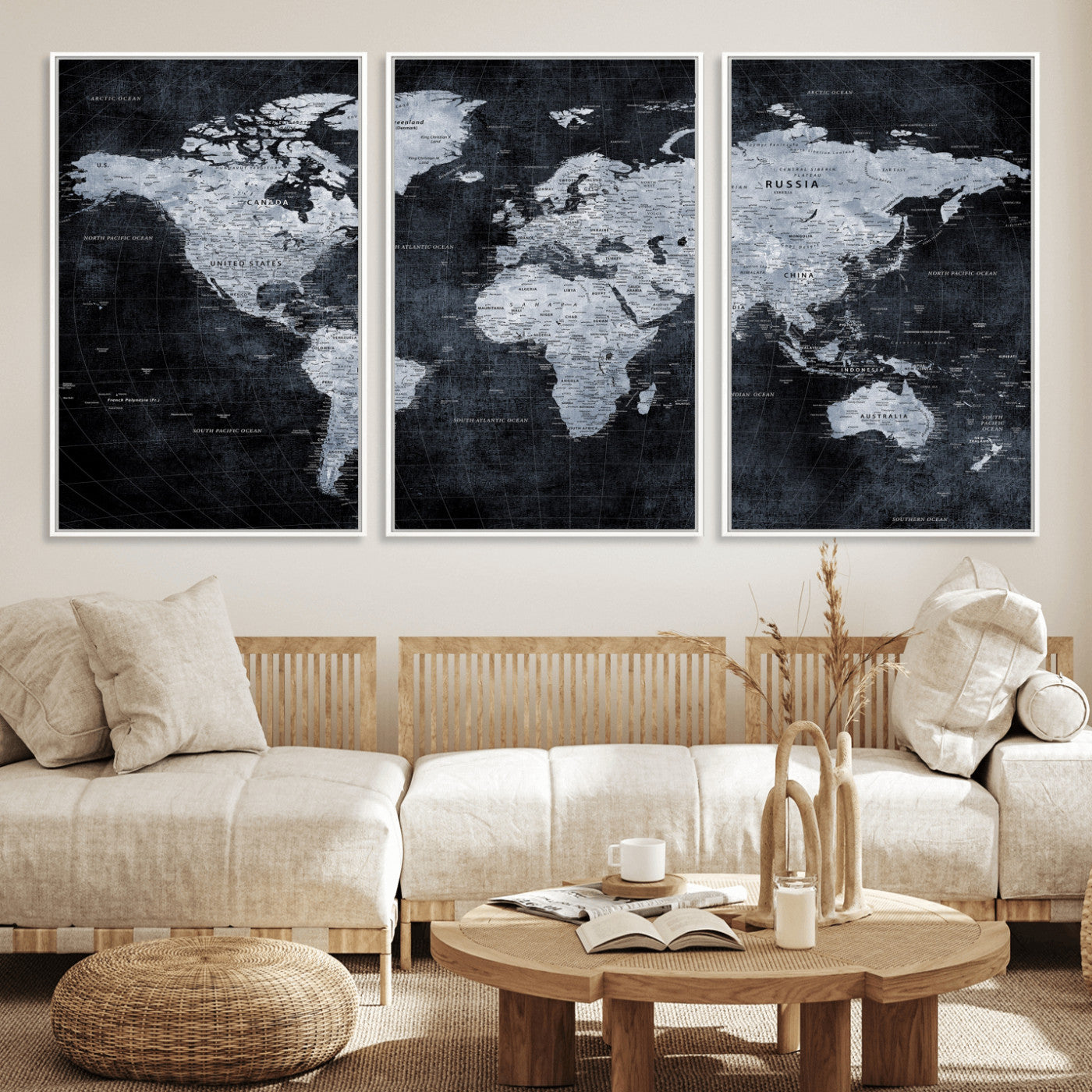 86893704-MGV-CV-36X24 - World Map Wall Art Canvas Print, Modern Decorative Framed Map Artwork Prints for Living Room, Office, Bedroom Wall Decor