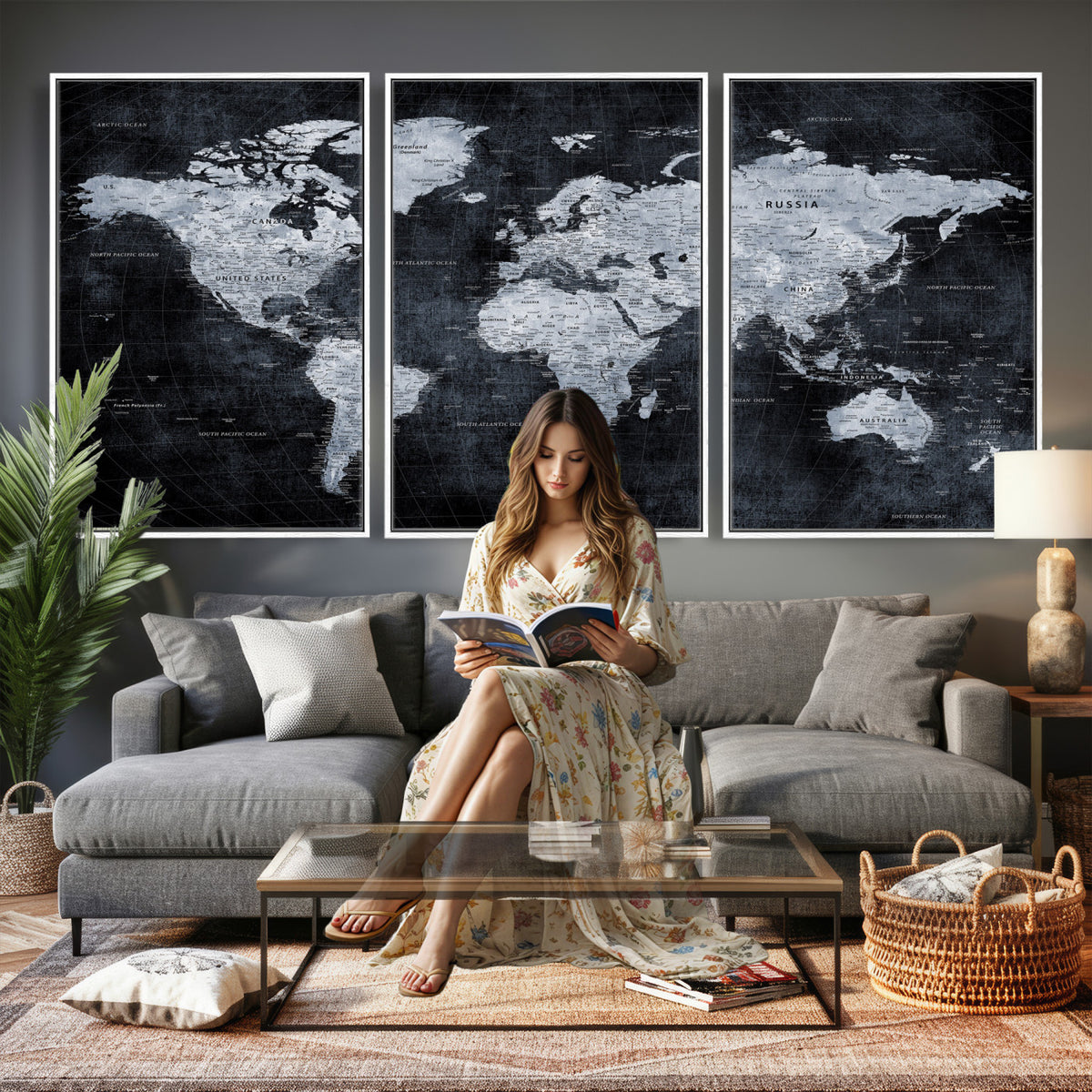 86893704-MGV-CV-36X24 - Black World Map Canvas Print | Detailed Map for Couples and Anniversary Gift