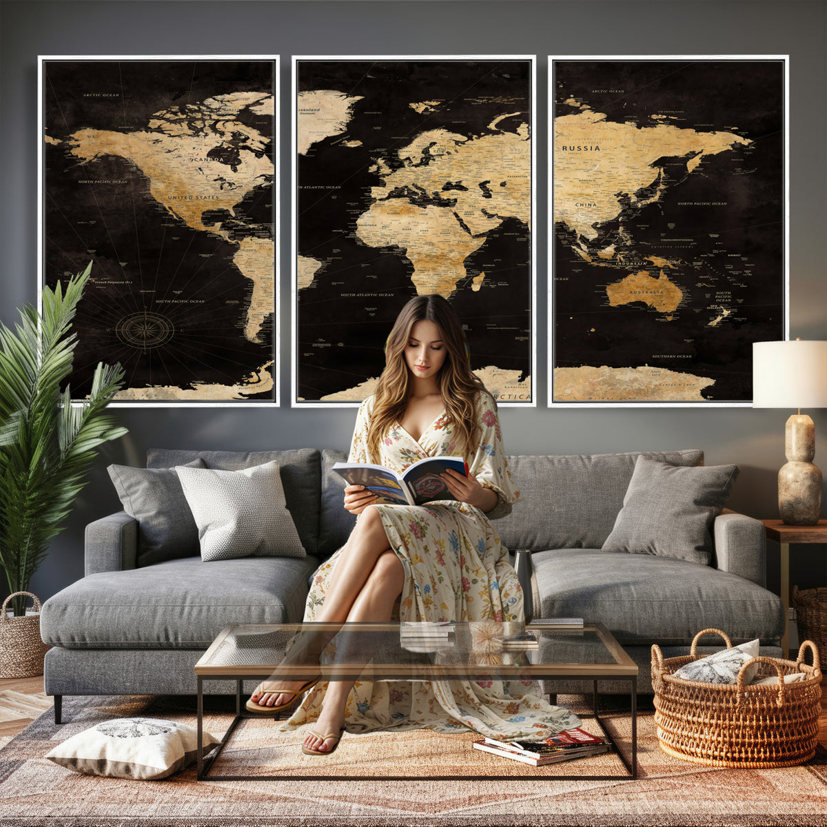 70468159-MGV-CV-36X24 - Extra Large World Map Canvas Print – Detailed Map Classic
