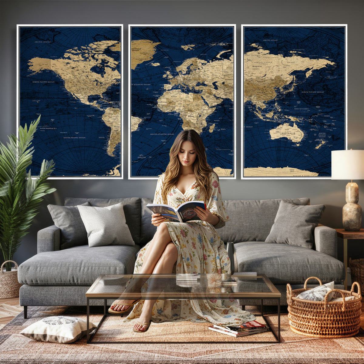 54770746-MGV-CV-36X24 - Navy Blue World Map Canvas Print – Detailed Map Minimal Navy
