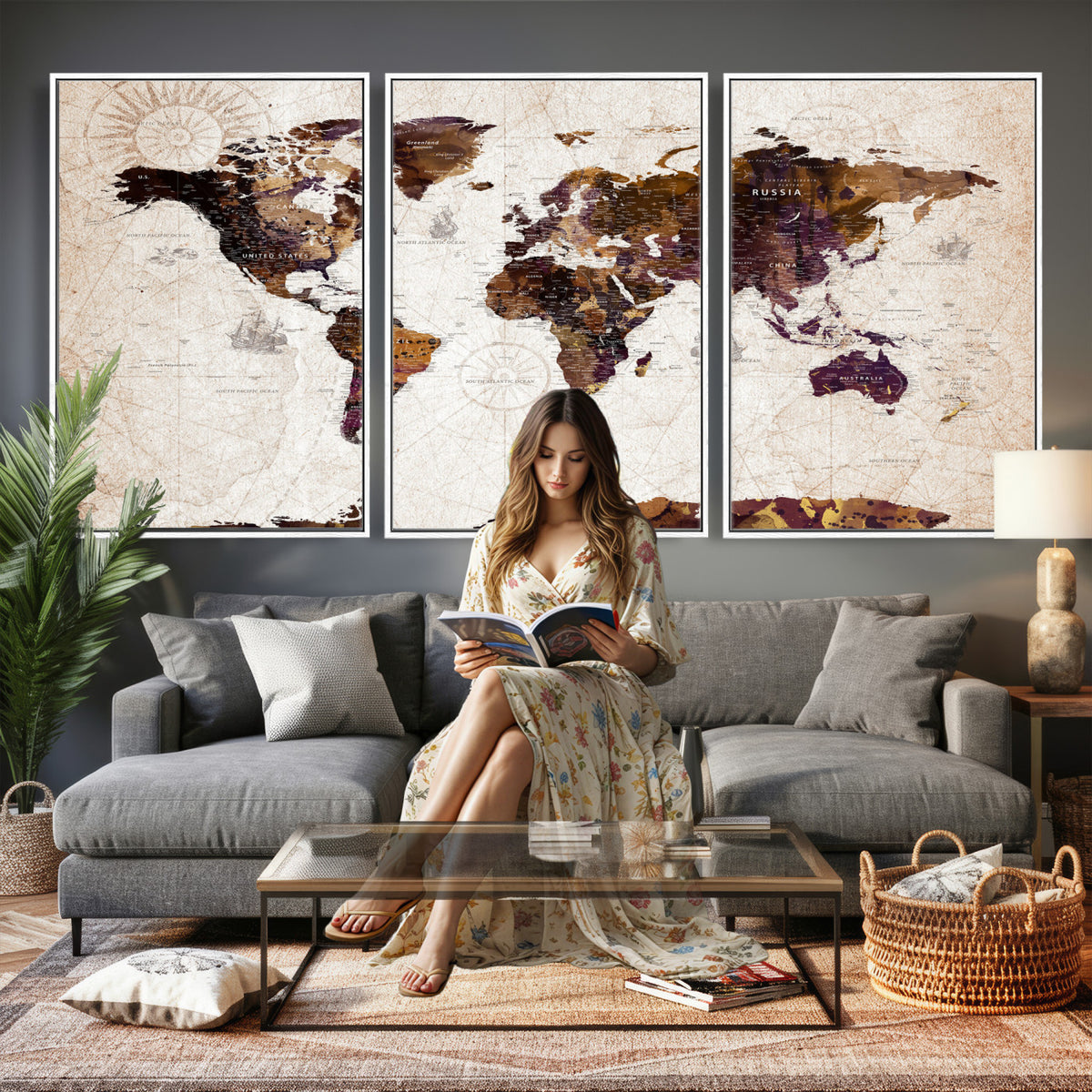 53400857-MGV-CV-36X24 - Blue Watercolor World Map Canvas Print – Framed Modern Wall