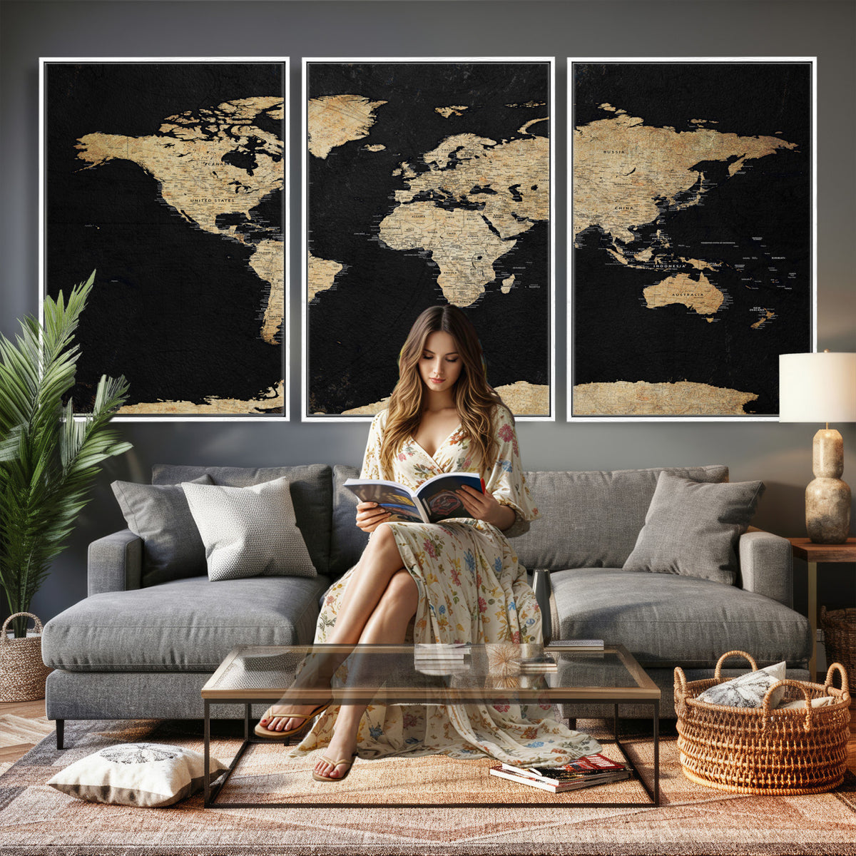 71518849-MGV-CV-36X24 - Beige World Map Canvas Wall Art Print, Minimal Black and