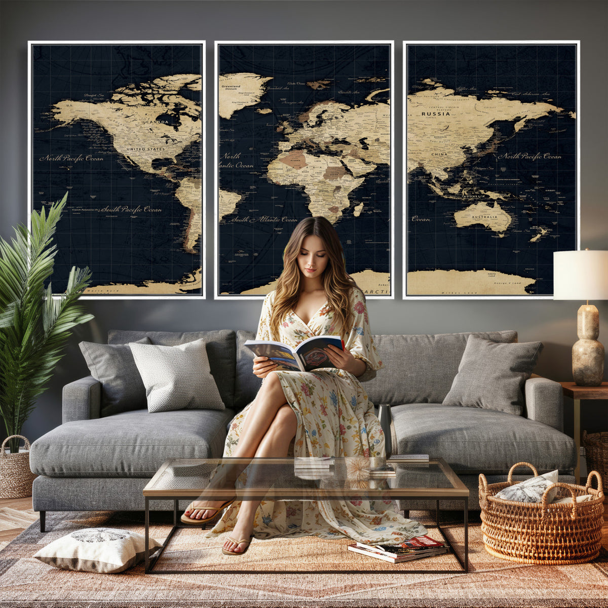 45063434-MGV-CV-36X24 - Dark World Map Canvas Wall Art Print, Minimal Black and Gold Map