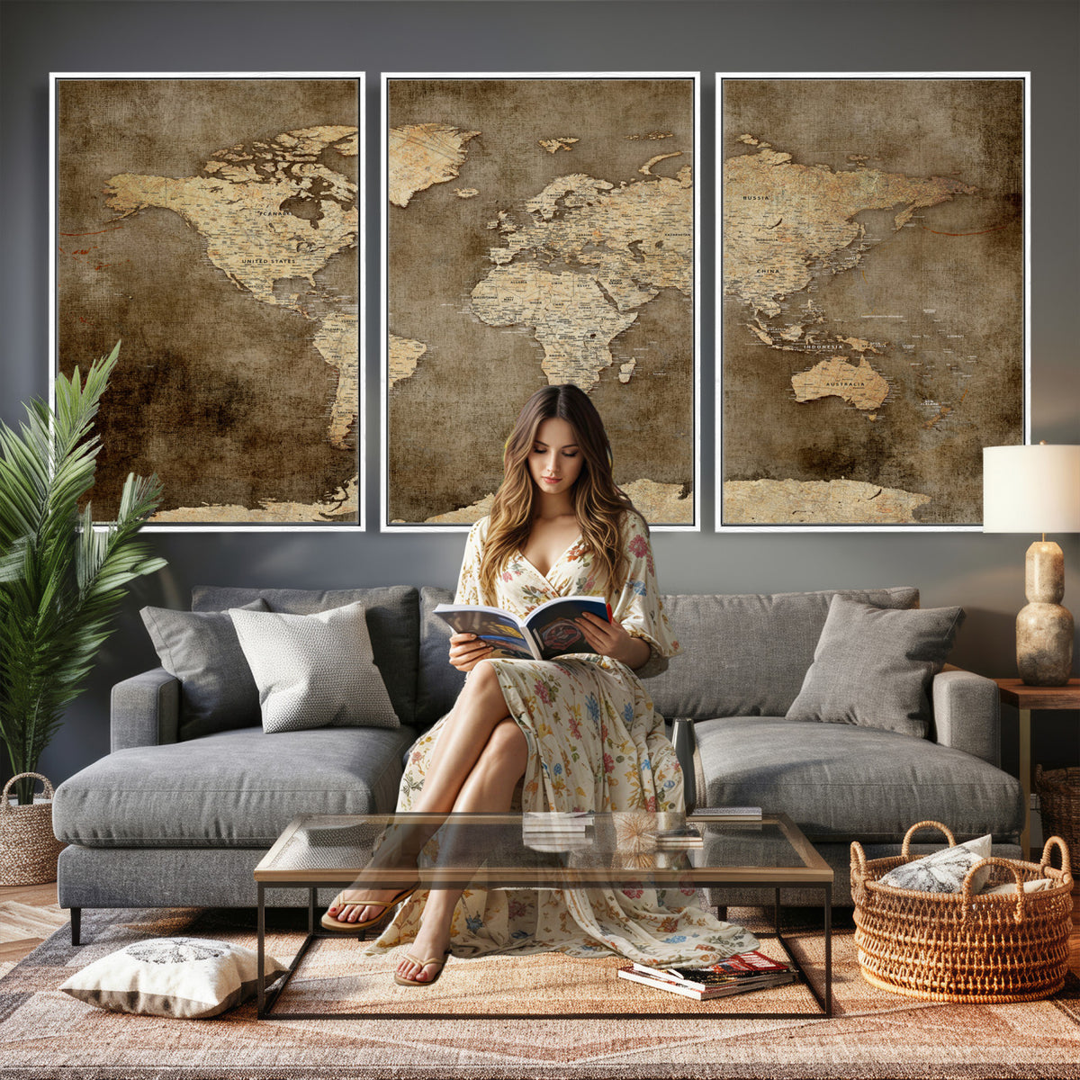 35847542-MGV-CV-36X24 - Dark Vintage World Map Canvas Wall Art Print, Antique Map