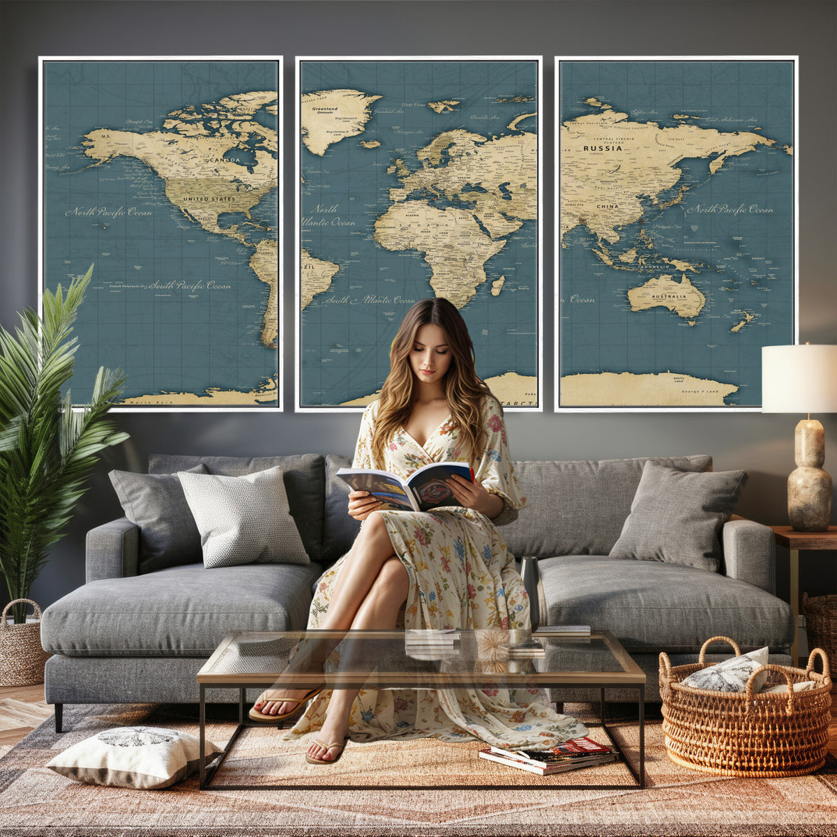 99599383-MGV-CV-36X24 - Minimal Vintage World Map Canvas Wall Art Print, Neutral