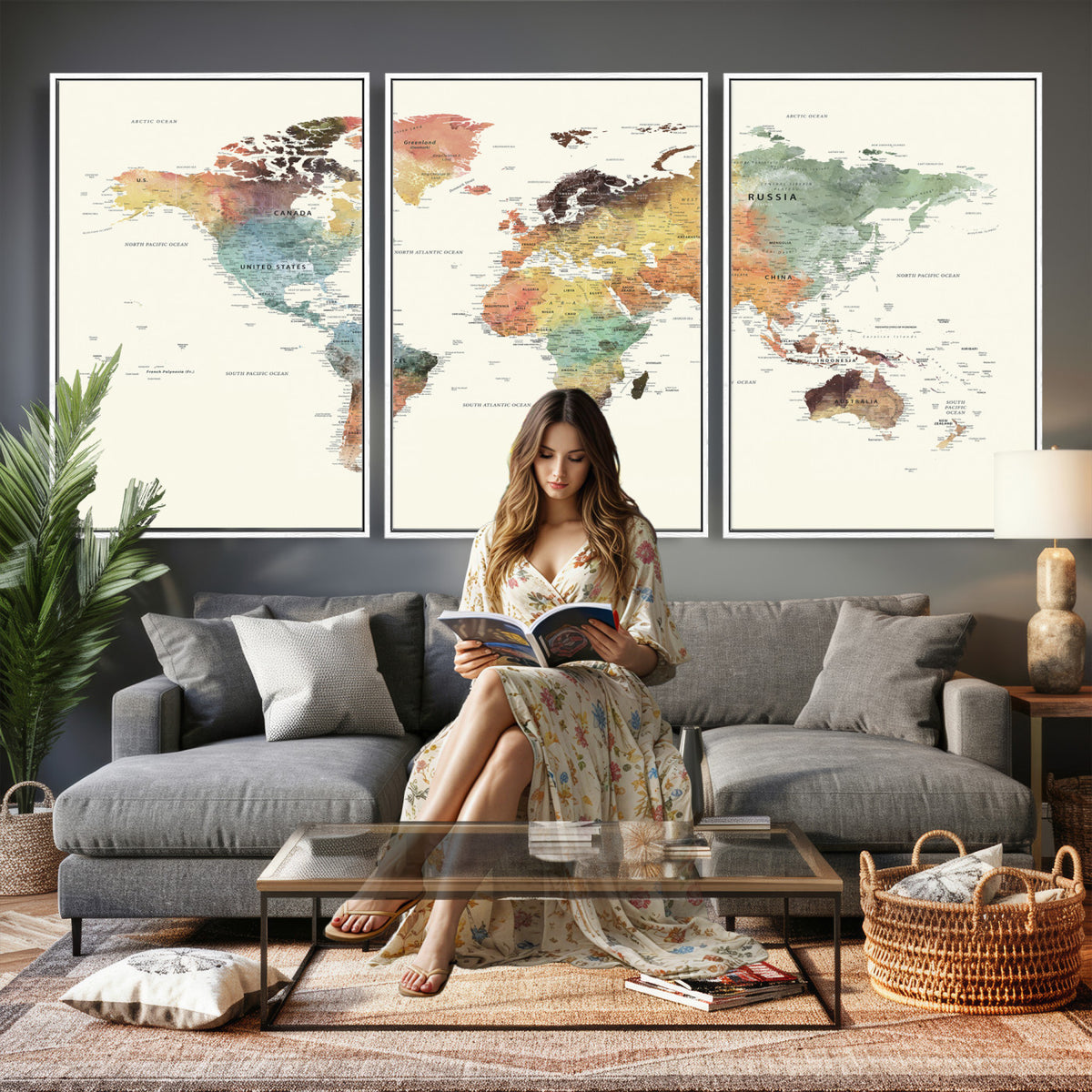 64206059-MGV-CV-36X24 - Framed World Map Wall Art Canvas Print for Living Room and Study Room