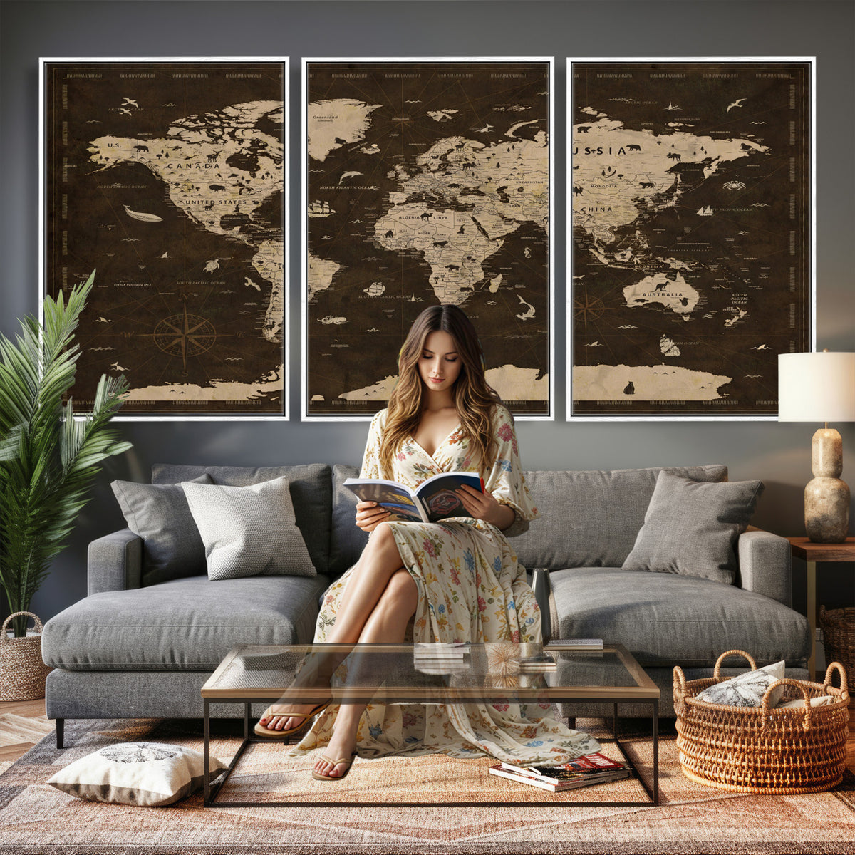 44276398-MGV-CV-36X24 - World Map Wall Art Canvas Print, Modern Decorative Framed Map Artwork Prints for Living Room, Office, Bedroom Wall Decor