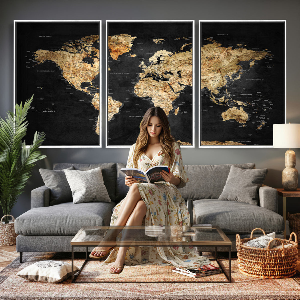 23568589-MGV-CV-36X24 - World Map Wall Art Canvas Print, Modern Decorative Framed Map Artwork Prints for Living Room, Office, Bedroom Wall Decor