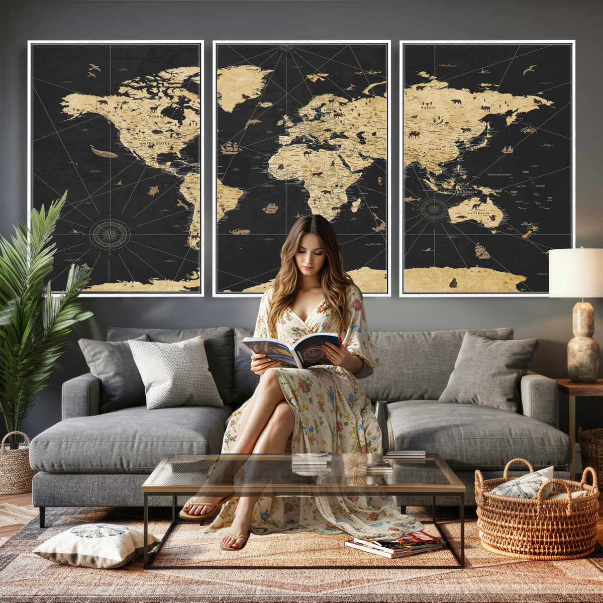 80270976-MGV-CV-36X24 - World Map Wall Art Canvas Print, Modern Decorative Framed Map Artwork Prints for Living Room, Office, Bedroom Wall Decor