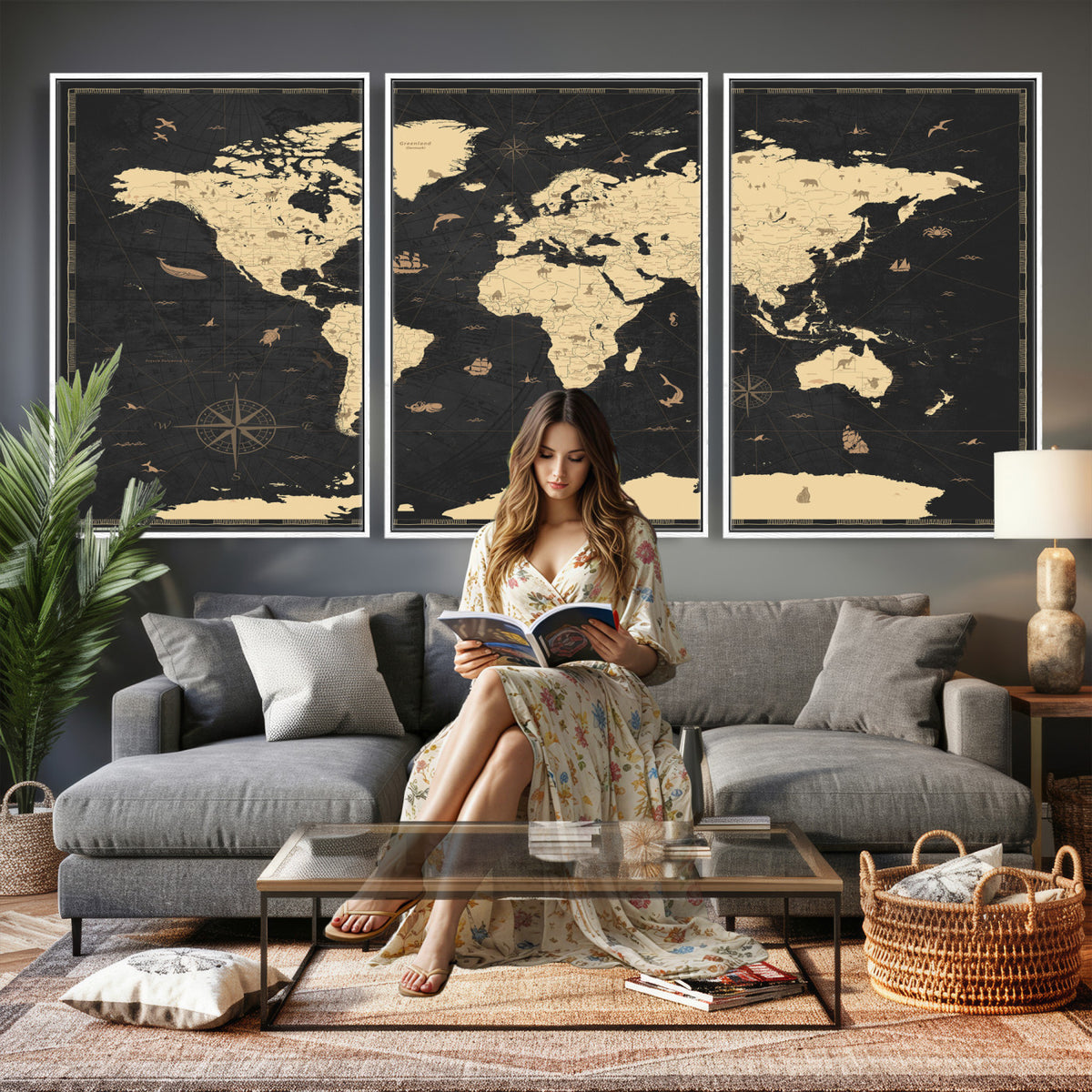 75220264-MGV-CV-36X24 - World Map Wall Art Canvas Print, Modern Decorative Framed Map Artwork Prints for Living Room, Office, Bedroom Wall Decor