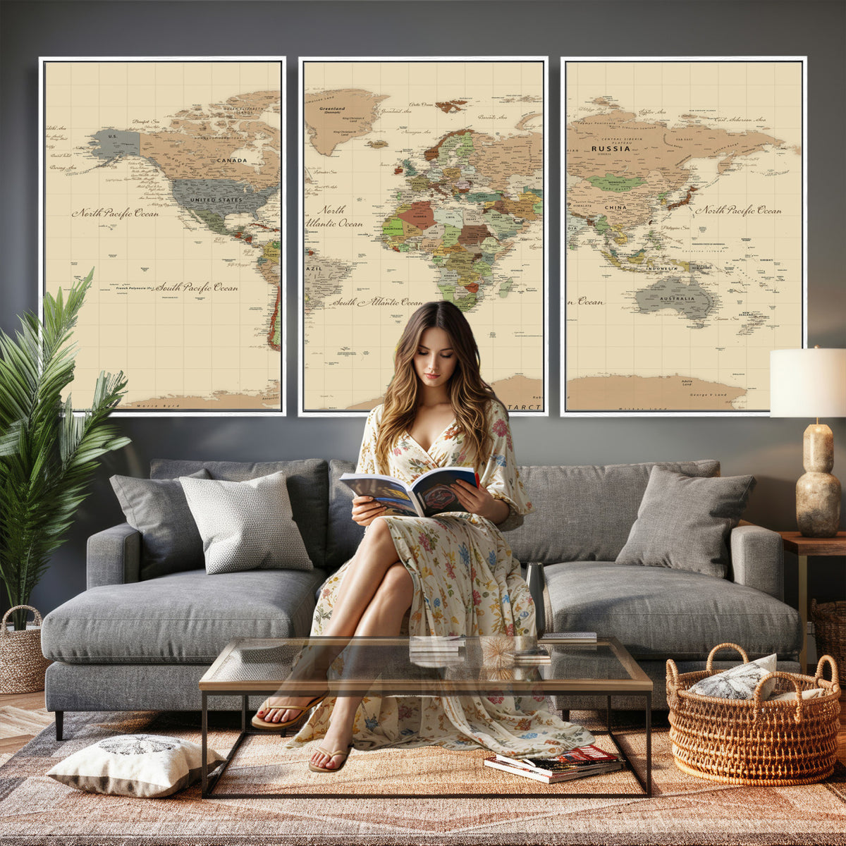 31407854-MGV-CV-36X24 - World Map Wall Art Canvas Print, Modern Decorative Framed Map Artwork Prints for Living Room, Office, Bedroom Wall Decor