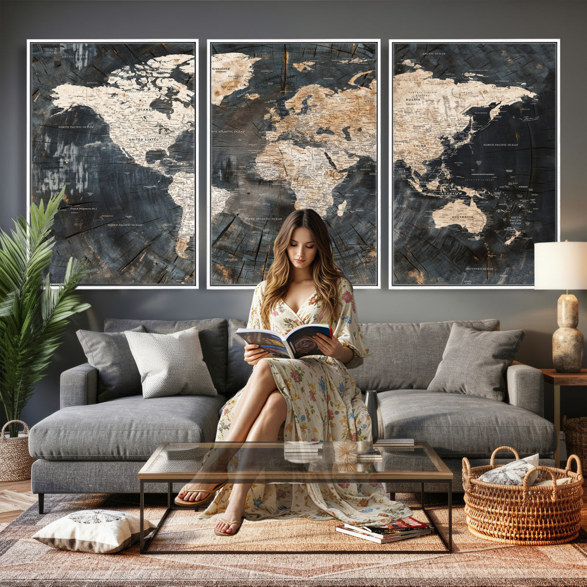 89162112-MGV-CV-36X24 - World Map Wall Art Canvas Print, Modern Decorative Framed Map Artwork Prints for Living Room, Office, Bedroom Wall Decor
