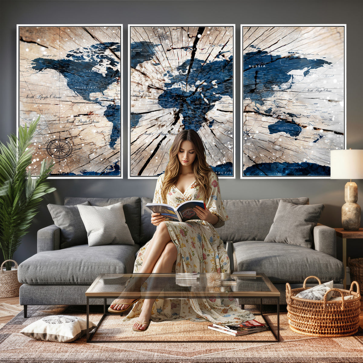 19478704-MGV-CV-36X24 - World Map Wall Art Canvas Print, Modern Decorative Framed Map Artwork Prints for Living Room, Office, Bedroom Wall Decor